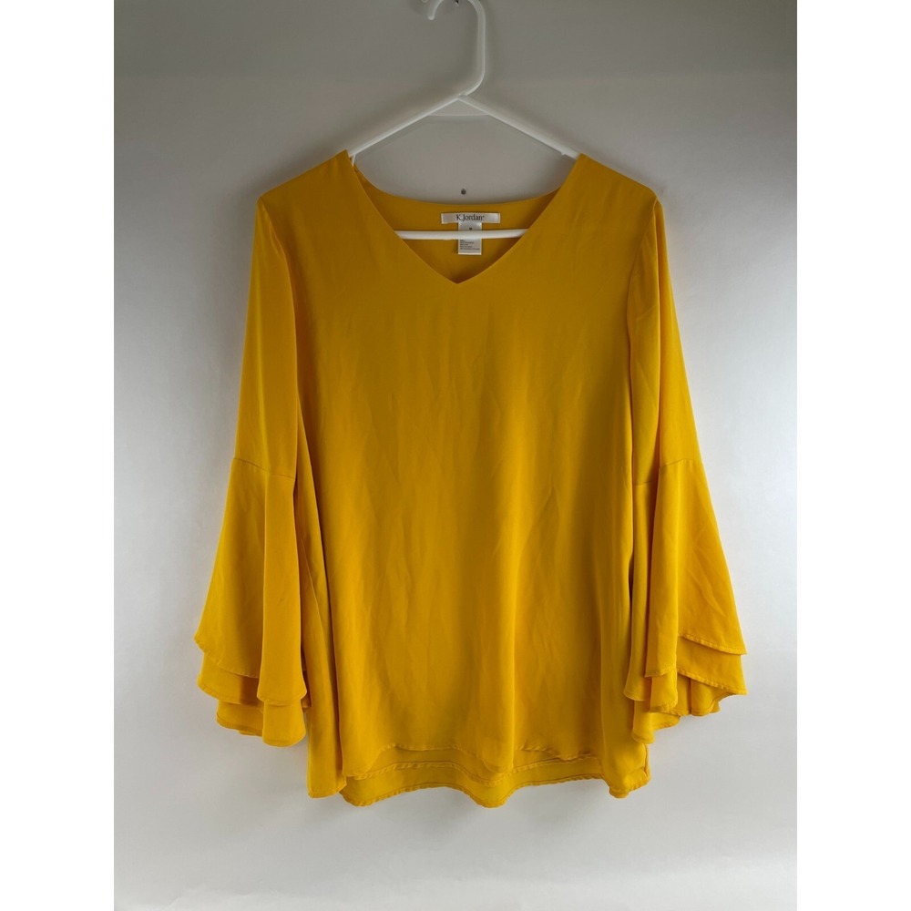 K. Jordan Blouse Tee Women's Size Medium Yellow Long Bell Layered Sleeve V-neck